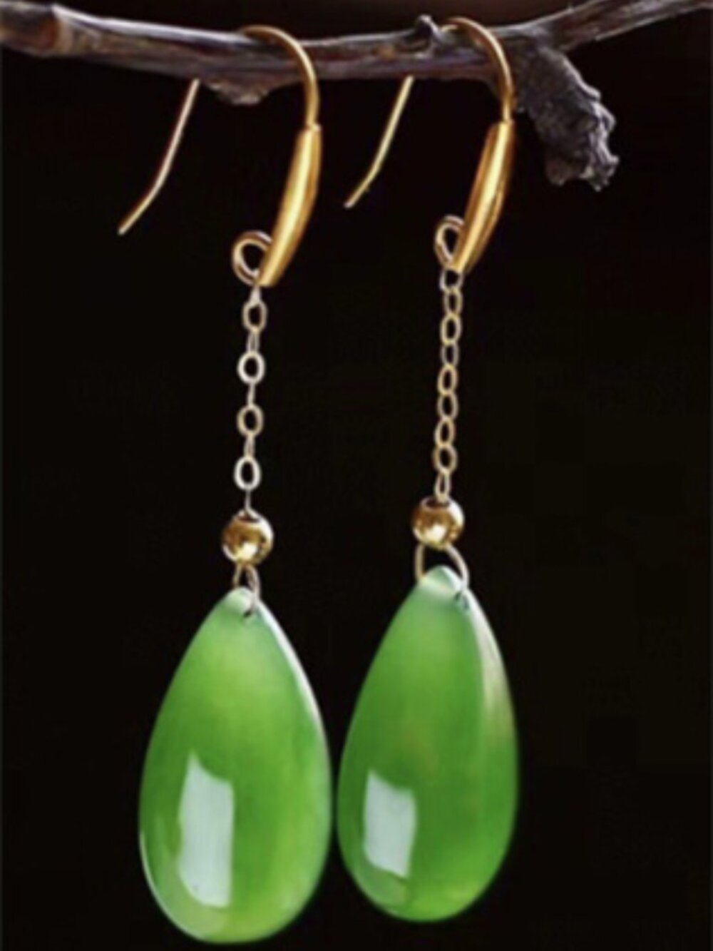 Gold Hook Jade Look Teardrop Green Stone Dangle Earrings